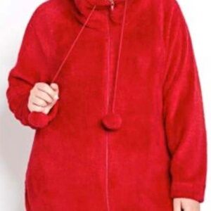 SWEATER, ZIP FRONT, LONG SLEEVES, FIRE RED, SZ 4X, SOFT FLEECE, POM POMS, BONNE